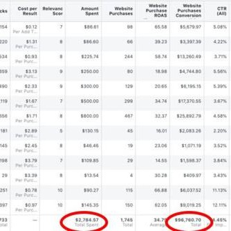 Client Meta ad account: $2,784 spent, $96,760 in sales